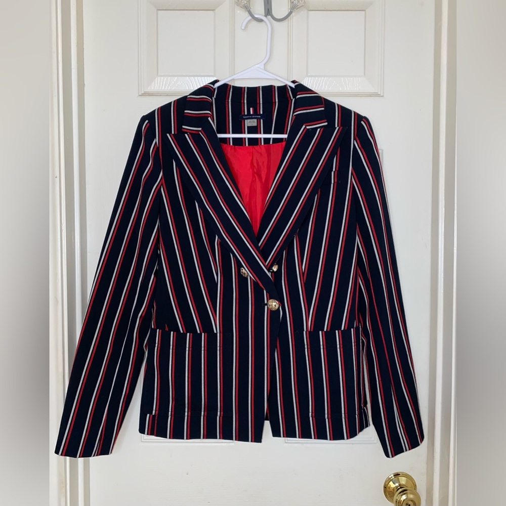 Tommy Hilfiger Womens Striped Formal Suit Jacket Navy